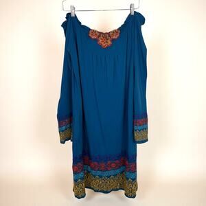 Johnny Was LA Blue Boho Off The Shoulder Dress Small Flowers and Embroidery